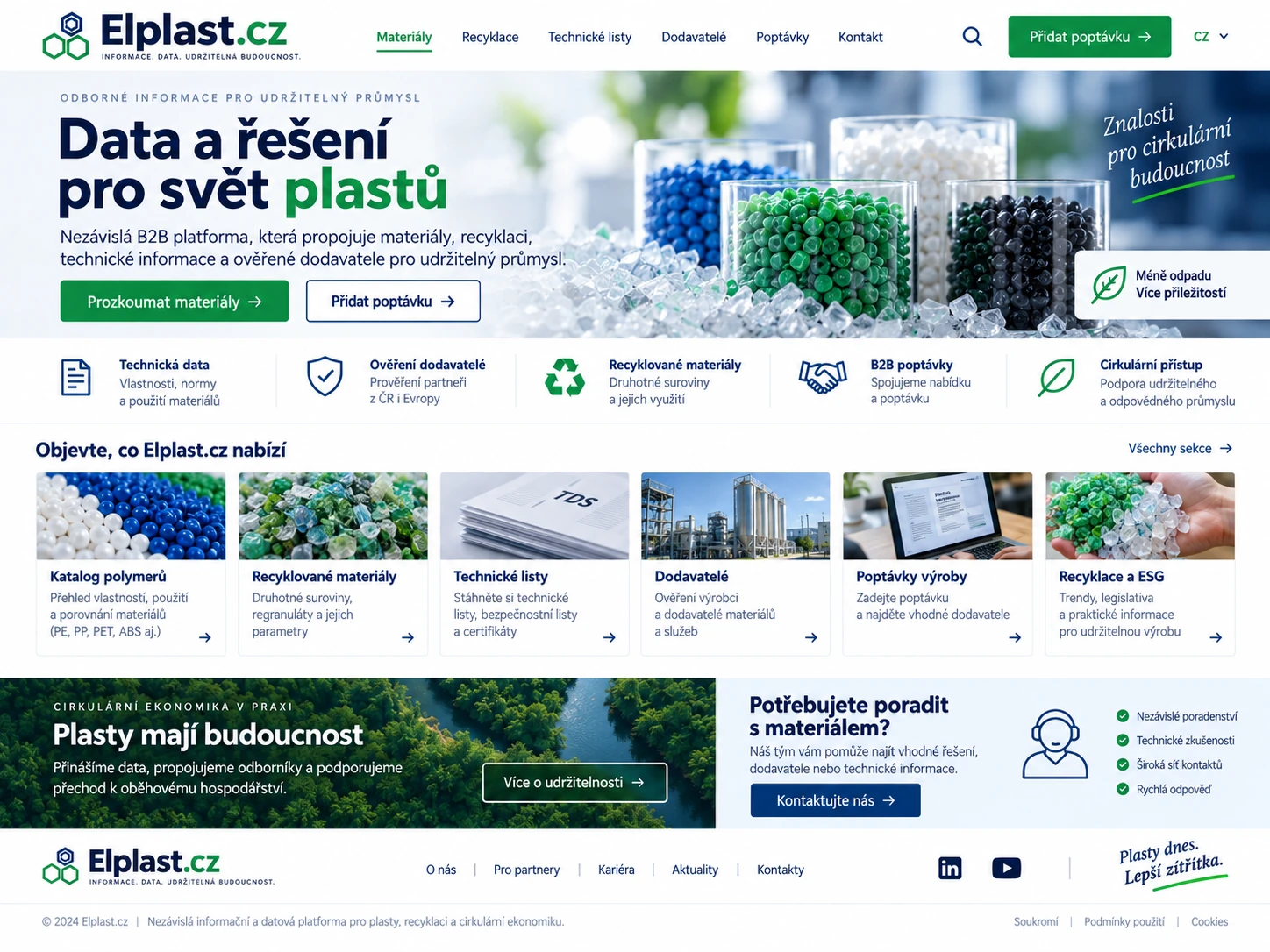 Ilustrační návrh Elplast.cz jako nezávislé datové a B2B platformy pro plastové materiály, recyklaci, technické informace a dodavatele